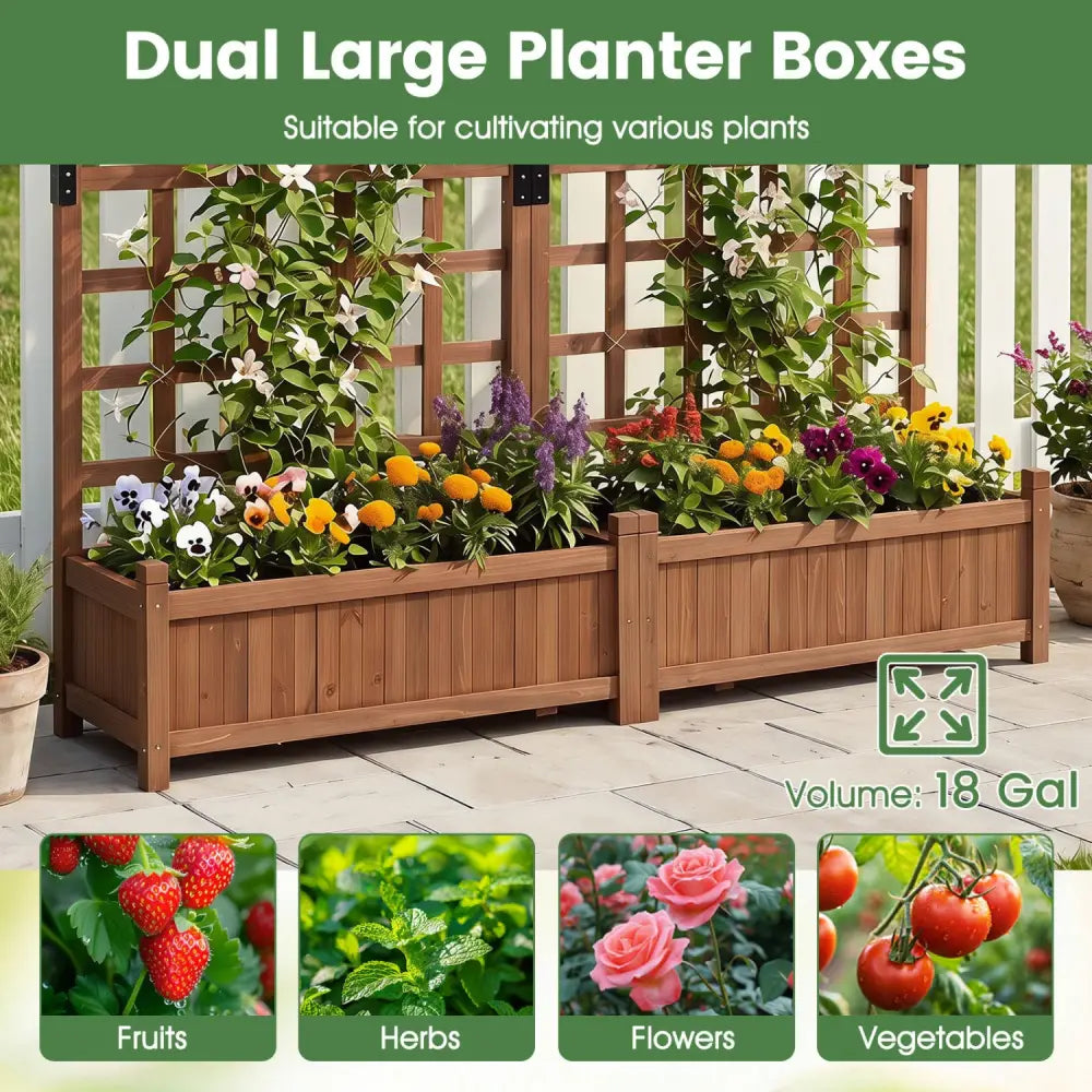 Outdoor Dual Wooden Raised Garden Bed with Trellis and Drainage Holes-Rustic Brown - Rustic Brown - Raised Garden Beds
