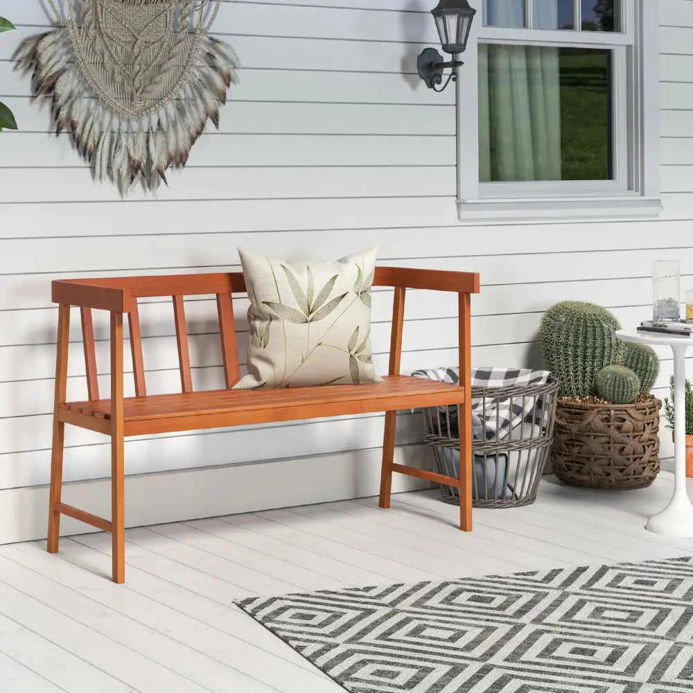 Outdoor Eucalyptus Wood Bench with Backrest and Armrests - Natural - Outdoor Benches