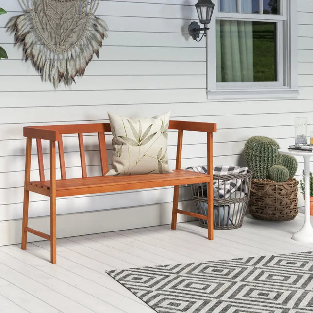 Outdoor Eucalyptus Wood Bench with Backrest and Armrests - Natural - Outdoor Benches