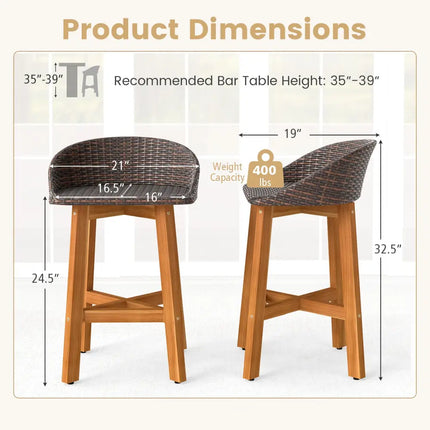 Outdoor Faux Rattan Bar Chairs Set of 2 with Ergonomic Backrests and Footrests-Brown - Brown - Patio Dining Chairs
