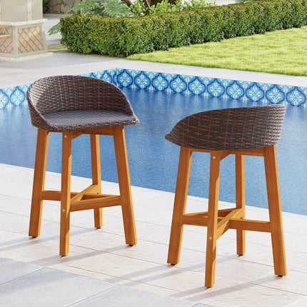Outdoor Faux Rattan Bar Chairs Set of 2 with Ergonomic Backrests and Footrests-Brown - Brown - Patio Dining Chairs