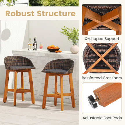 Outdoor Faux Rattan Bar Chairs Set of 2 with Ergonomic Backrests and Footrests-Brown - Brown - Patio Dining Chairs