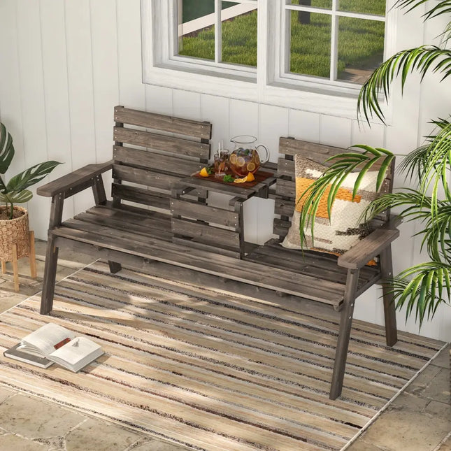 Outdoor Fir Wood Bench with Foldable Middle Table-Gray - Gray - Beach & Lawn Chairs
