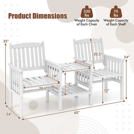 Outdoor Fir Wood Loveseat with 2-Tier Side Table and 1.96’’ Umbrella Hole-White - White - Patio Conversation Sets