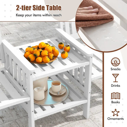 Outdoor Fir Wood Loveseat with 2-Tier Side Table and 1.96’’ Umbrella Hole-White - White - Patio Conversation Sets