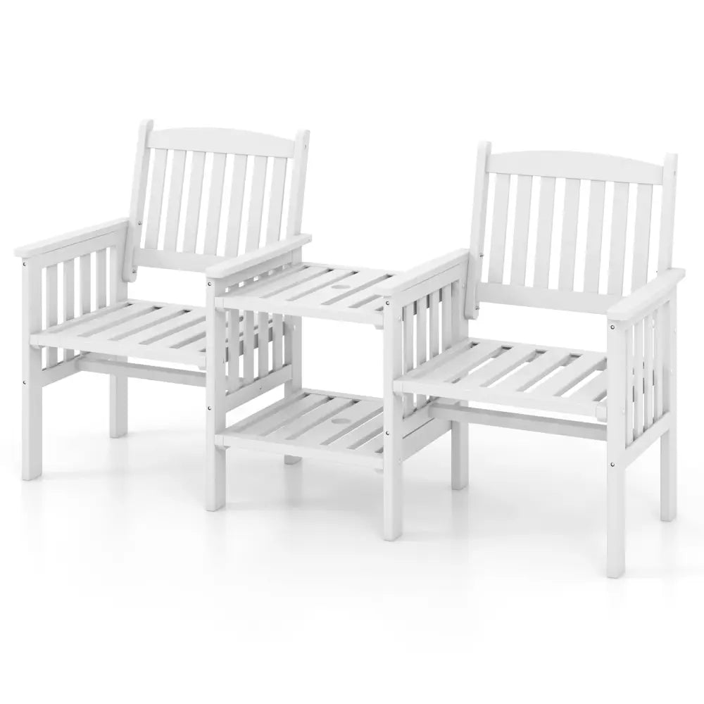 Outdoor Fir Wood Loveseat with 2-Tier Side Table and 1.96’’ Umbrella Hole-White - White - Patio Conversation Sets