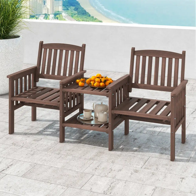 Outdoor Fir Wood Loveseat with 2-Tier Side Table and 1.96’’ Umbrella Hole-Coffee - Coffee - Patio Conversation Sets