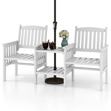 Outdoor Fir Wood Loveseat with 2-Tier Side Table and 1.96’’ Umbrella Hole-White - White - Patio Conversation Sets
