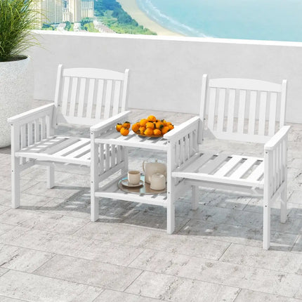 Outdoor Fir Wood Loveseat with 2-Tier Side Table and 1.96’’ Umbrella Hole-White - White - Patio Conversation Sets