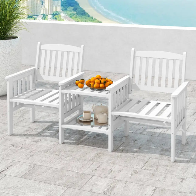Outdoor Fir Wood Loveseat with 2-Tier Side Table and 1.96’’ Umbrella Hole-White - White - Patio Conversation Sets