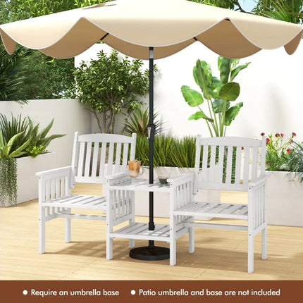 Outdoor Fir Wood Loveseat with 2-Tier Side Table and 1.96’’ Umbrella Hole-White - White - Patio Conversation Sets