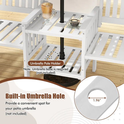 Outdoor Fir Wood Loveseat with 2-Tier Side Table and 1.96’’ Umbrella Hole-White - White - Patio Conversation Sets
