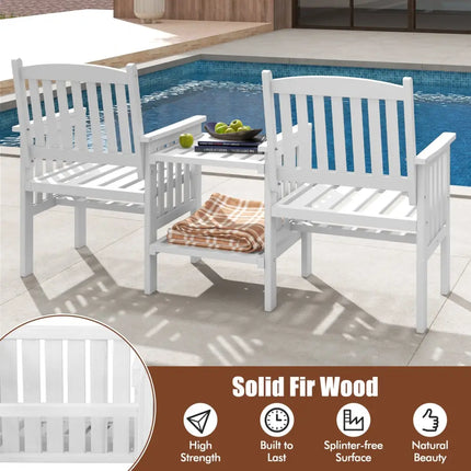 Outdoor Fir Wood Loveseat with 2-Tier Side Table and 1.96’’ Umbrella Hole-White - White - Patio Conversation Sets