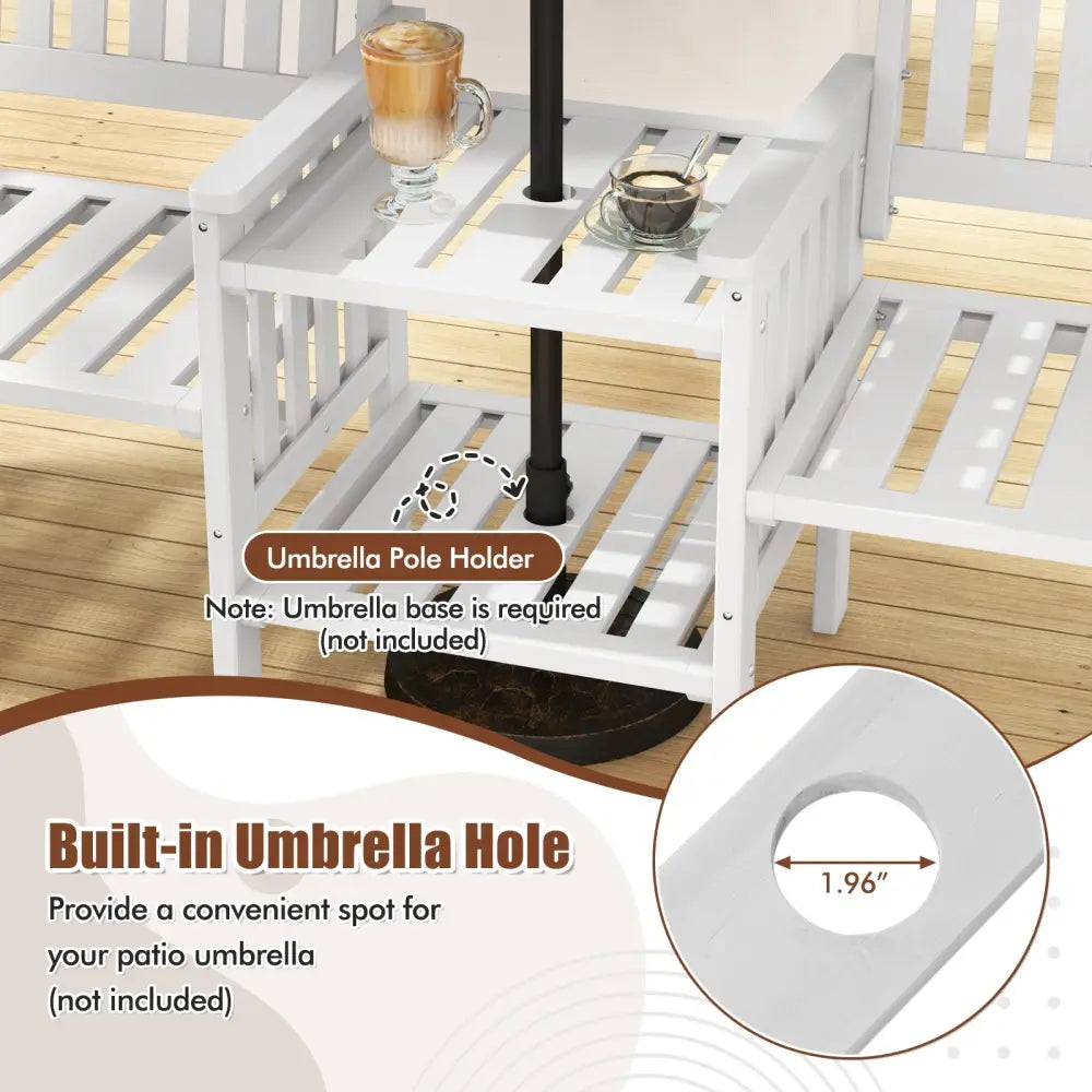Outdoor Fir Wood Loveseat with 2-Tier Side Table and 1.96’’ Umbrella Hole-White - White - Patio Conversation Sets