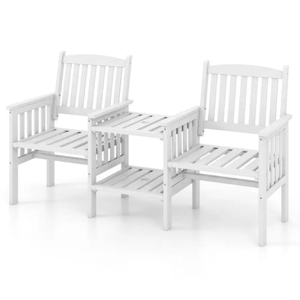 Outdoor Fir Wood Loveseat with 2-Tier Side Table and 1.96’’ Umbrella Hole-White - White - Patio Conversation Sets