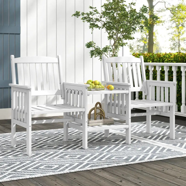 Outdoor Fir Wood Loveseat with 2-Tier Side Table and 1.96’’ Umbrella Hole-White - White - Patio Conversation Sets