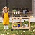 Outdoor Fir Wood Play Kitchen with Blackboard and Planting Pots-Natural - Natural - Play Kitchen Sets
