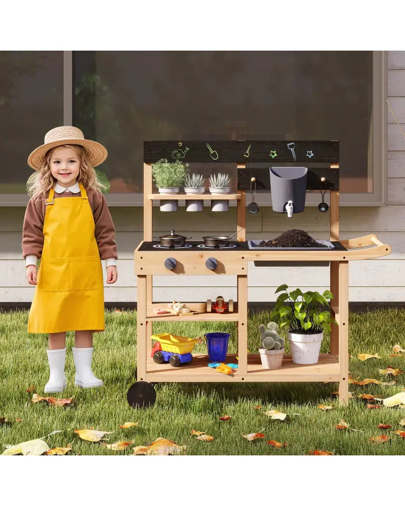 Outdoor Fir Wood Play Kitchen with Blackboard and Planting Pots-Natural - Natural - Play Kitchen Sets