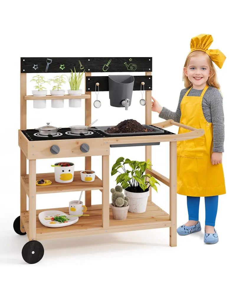 Outdoor Fir Wood Play Kitchen with Blackboard and Planting Pots-Natural - Natural - Play Kitchen Sets