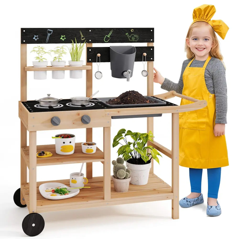 Outdoor Fir Wood Play Kitchen with Blackboard and Planting Pots-Natural - Natural - Play Kitchen Sets