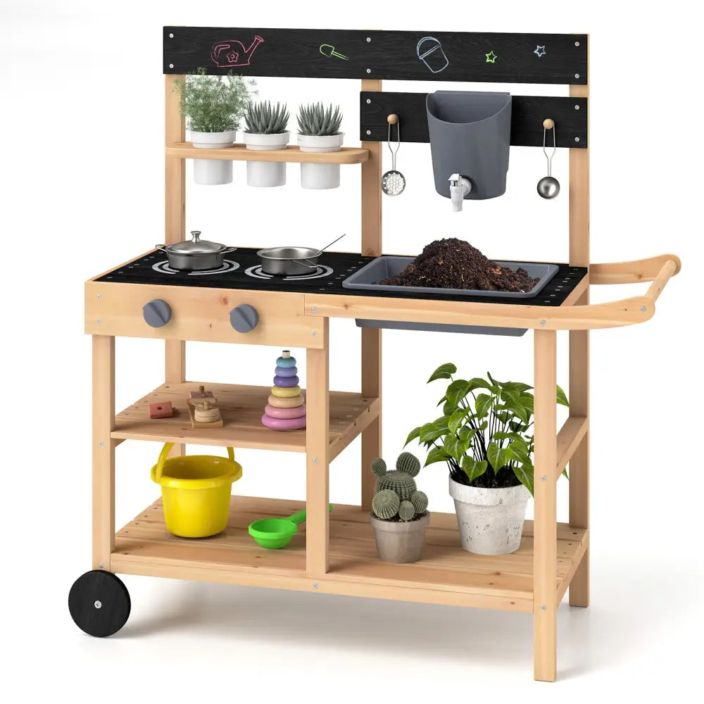Outdoor Fir Wood Play Kitchen with Blackboard and Planting Pots-Natural - Natural - Play Kitchen Sets