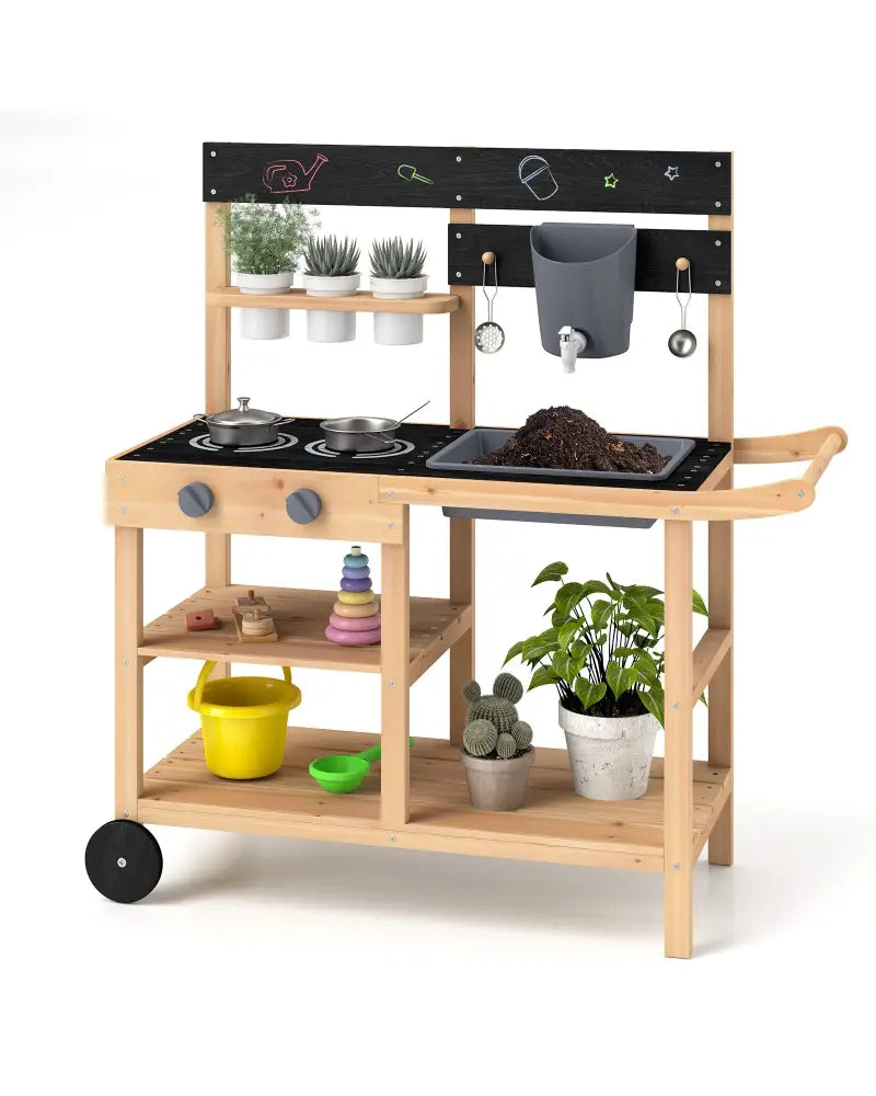 Outdoor Fir Wood Play Kitchen with Blackboard and Planting Pots-Natural - Natural - Play Kitchen Sets