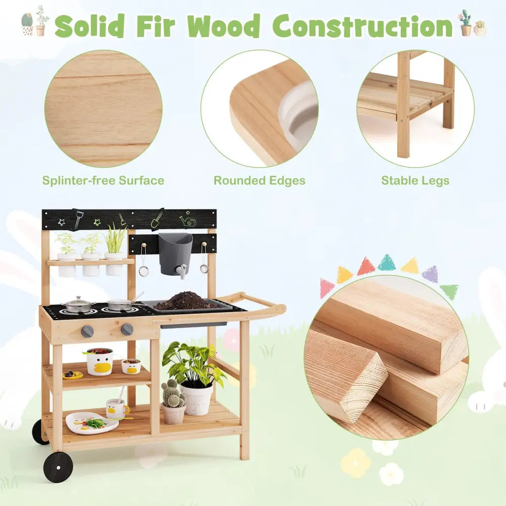 Outdoor Fir Wood Play Kitchen with Blackboard and Planting Pots-Natural - Natural - Play Kitchen Sets