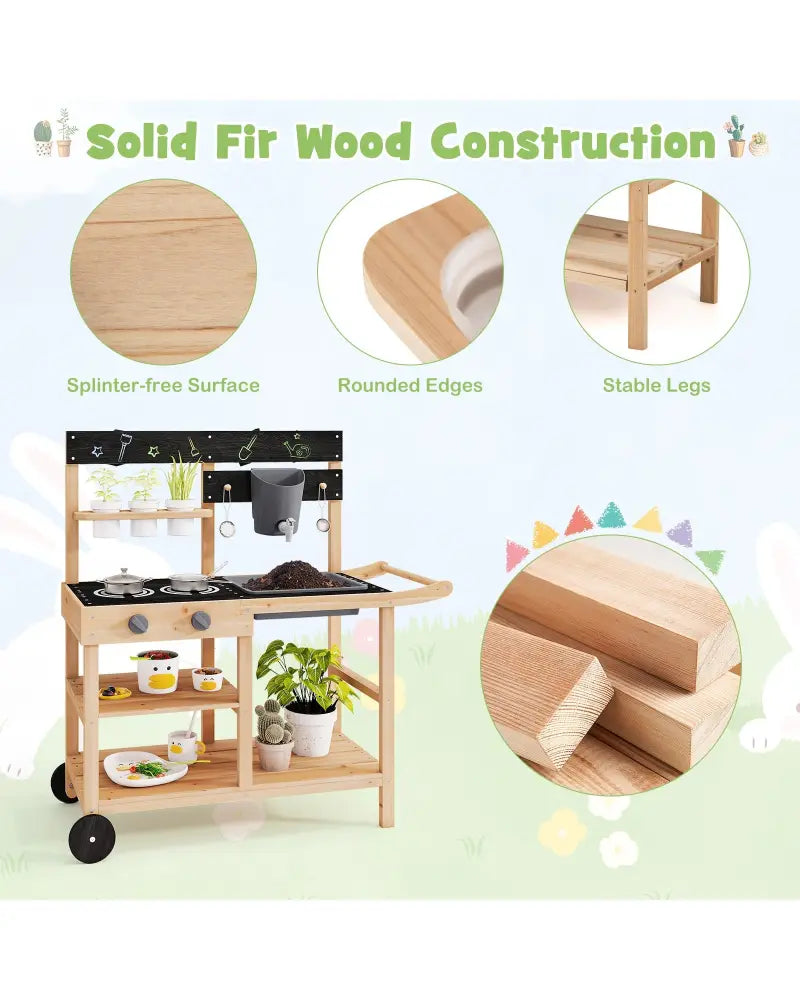 Outdoor Fir Wood Play Kitchen with Blackboard and Planting Pots-Natural - Natural - Play Kitchen Sets