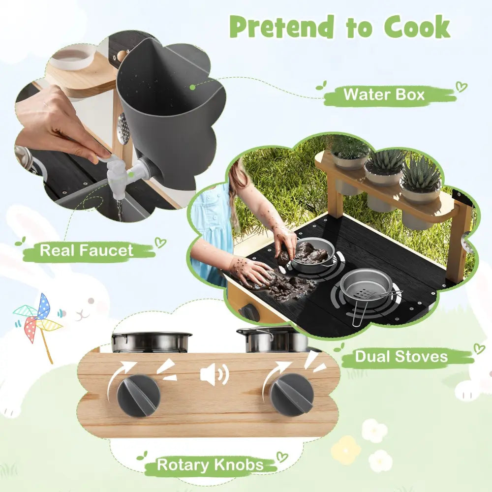 Outdoor Fir Wood Play Kitchen with Blackboard and Planting Pots-Natural - Natural - Play Kitchen Sets