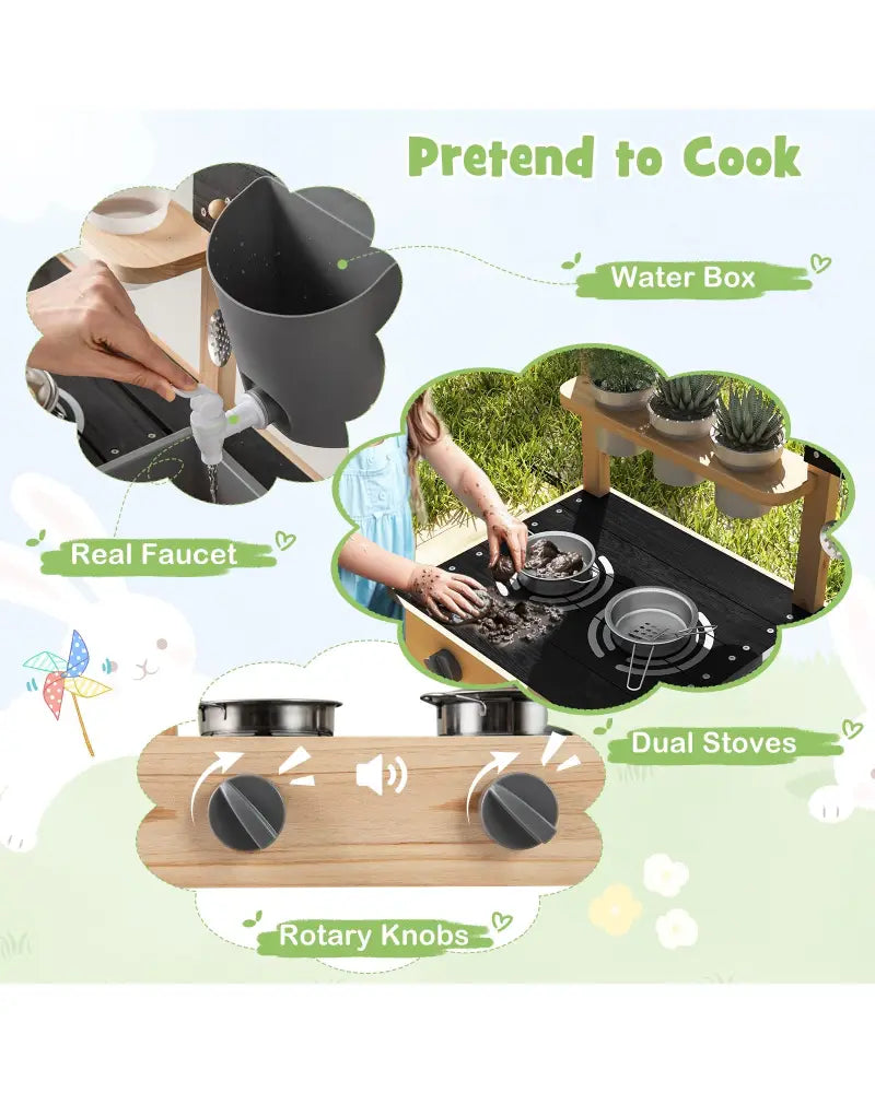 Outdoor Fir Wood Play Kitchen with Blackboard and Planting Pots-Natural - Natural - Play Kitchen Sets