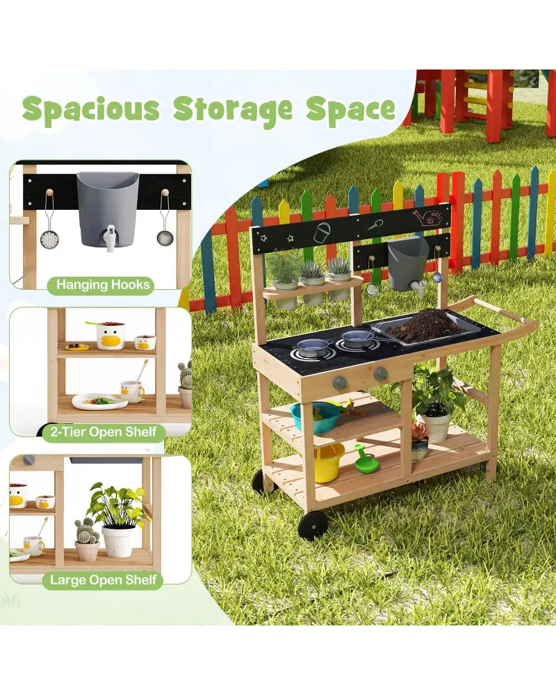 Outdoor Fir Wood Play Kitchen with Blackboard and Planting Pots-Natural - Natural - Play Kitchen Sets