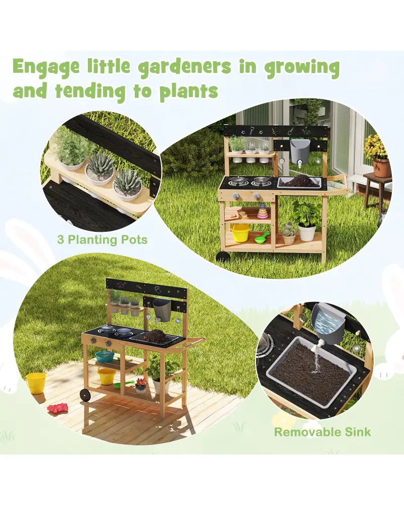 Outdoor Fir Wood Play Kitchen with Blackboard and Planting Pots-Natural - Natural - Play Kitchen Sets