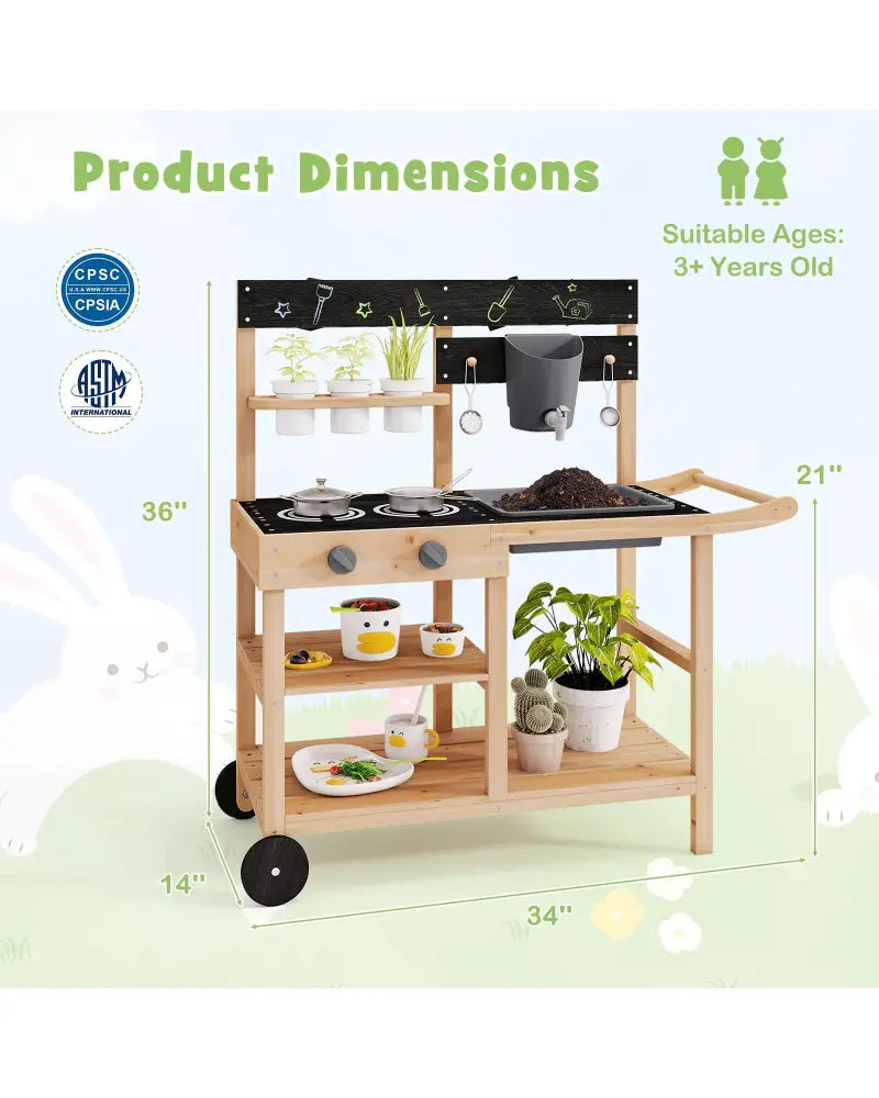 Outdoor Fir Wood Play Kitchen with Blackboard and Planting Pots-Natural - Natural - Play Kitchen Sets