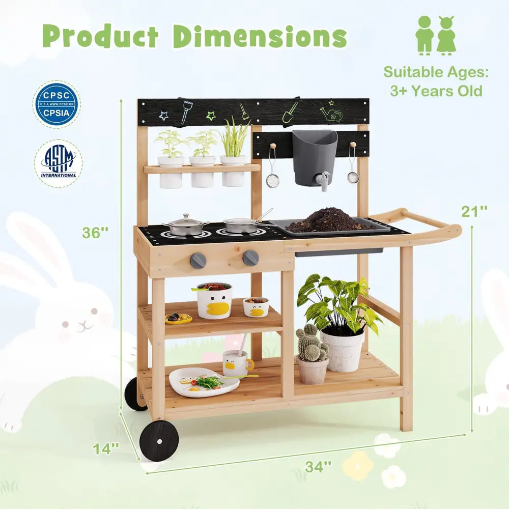 Outdoor Fir Wood Play Kitchen with Blackboard and Planting Pots-Natural - Natural - Play Kitchen Sets