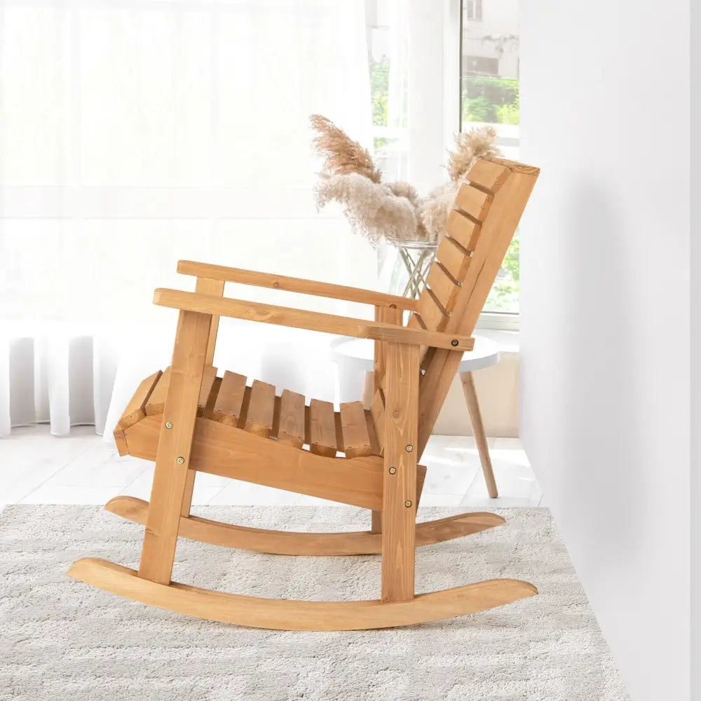 Outdoor Fir Wood Rocking Chair with High Backrest-Brown - Natural - Patio Rocking Chairs & Gliders