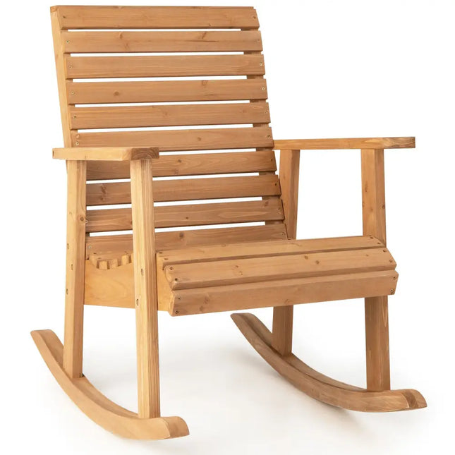 Outdoor Fir Wood Rocking Chair with High Backrest-Brown - Natural - Patio Rocking Chairs & Gliders
