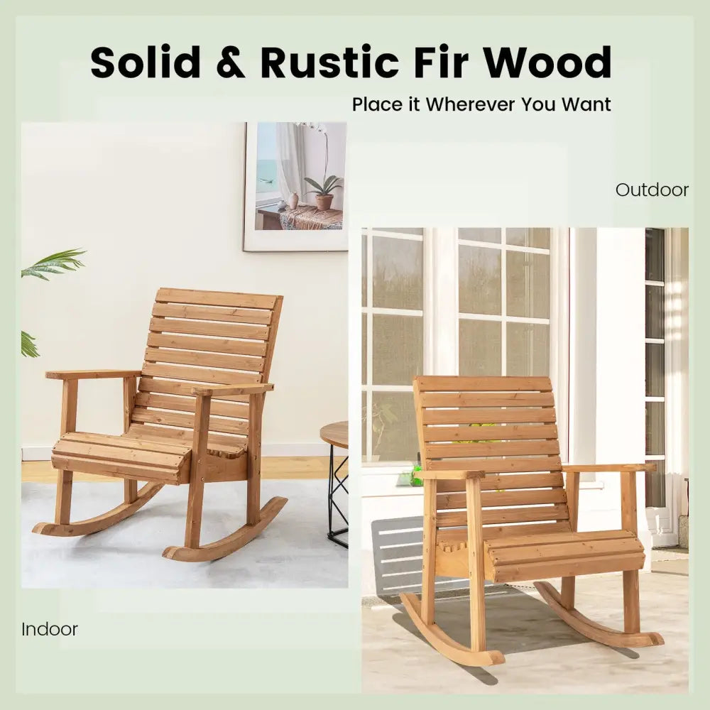 Outdoor Fir Wood Rocking Chair with High Backrest-Brown - Natural - Patio Rocking Chairs & Gliders