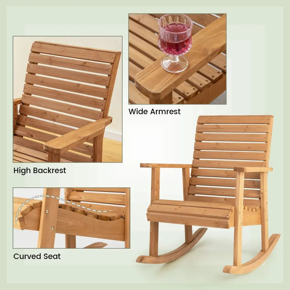 Outdoor Fir Wood Rocking Chair with High Backrest-Brown - Natural - Patio Rocking Chairs & Gliders