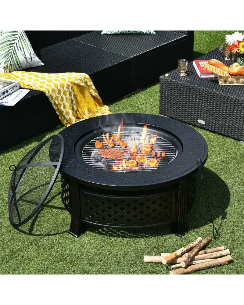 Outdoor Fire Pit with BBQ Grill and High-temp Resistance Finish - Black - Fire Pits