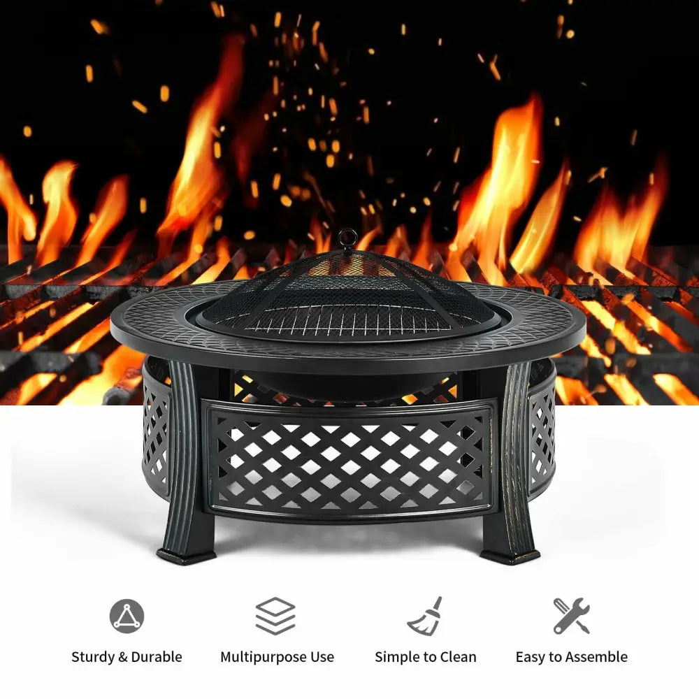 Outdoor Fire Pit with BBQ Grill and High-temp Resistance Finish - Black - Fire Pits