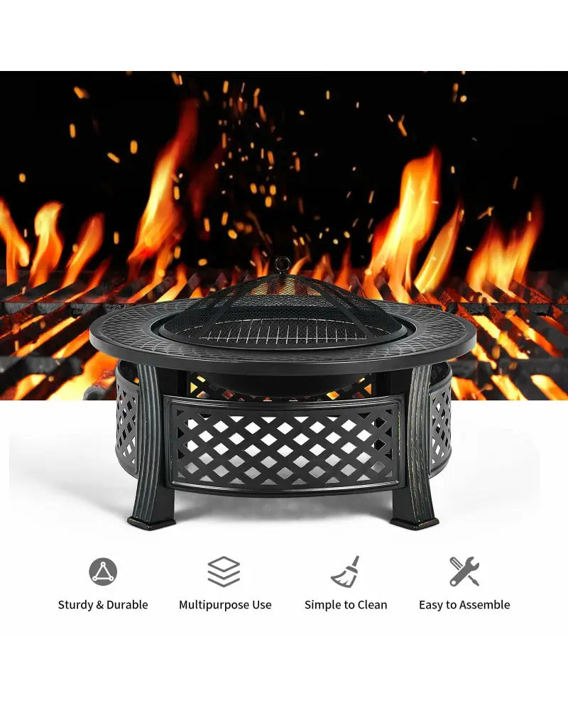 Outdoor Fire Pit with BBQ Grill and High-temp Resistance Finish - Black - Fire Pits