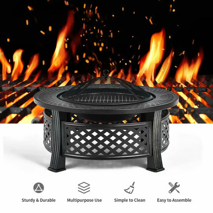 Outdoor Fire Pit with BBQ Grill and High-temp Resistance Finish - Black - Fire Pits