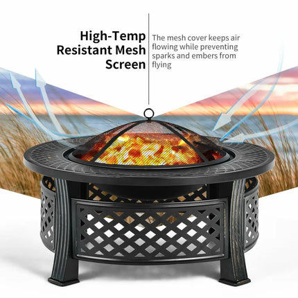 Outdoor Fire Pit with BBQ Grill and High-temp Resistance Finish - Black - Fire Pits