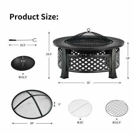 Outdoor Fire Pit with BBQ Grill and High-temp Resistance Finish - Black - Fire Pits