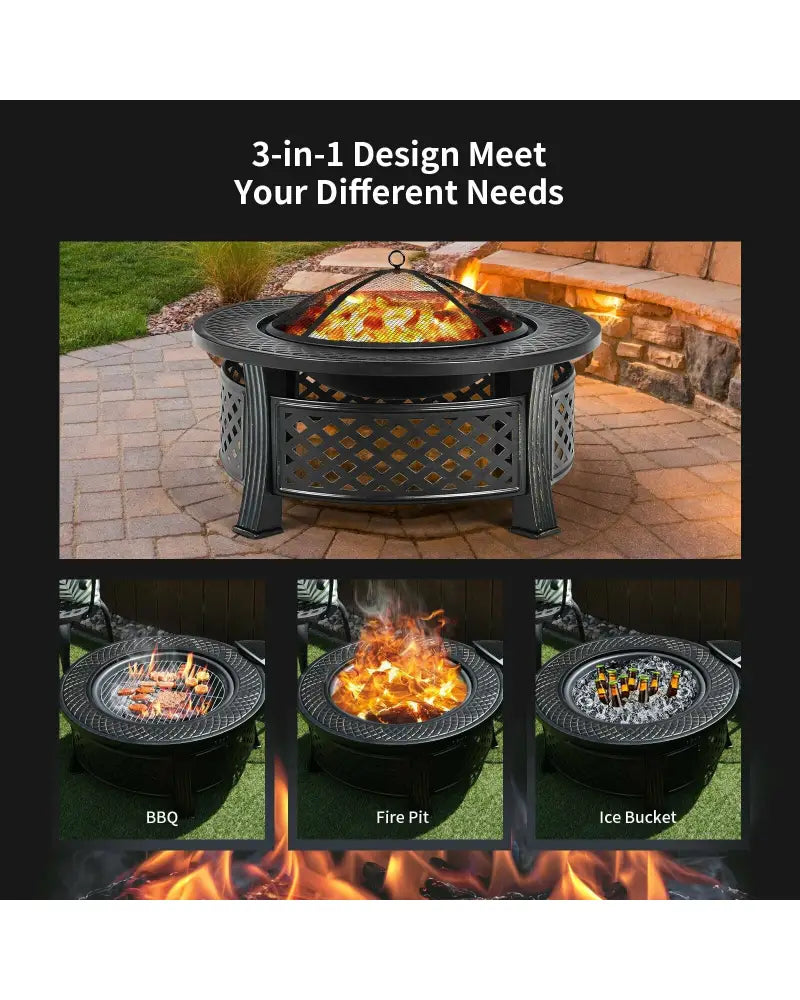 Outdoor Fire Pit with BBQ Grill and High-temp Resistance Finish - Black - Fire Pits