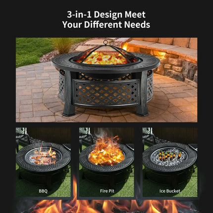 Outdoor Fire Pit with BBQ Grill and High-temp Resistance Finish - Black - Fire Pits
