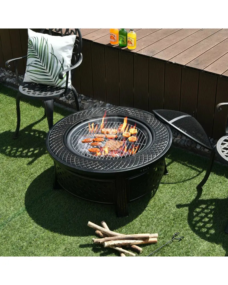 Outdoor Fire Pit with BBQ Grill and High-temp Resistance Finish - Black - Fire Pits
