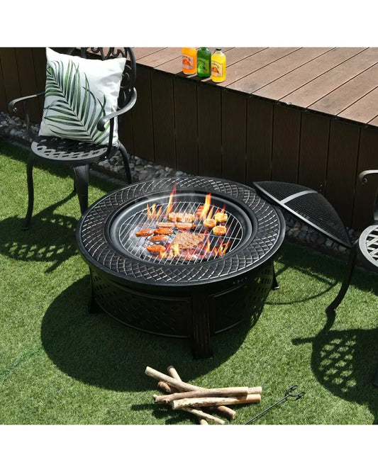 Outdoor Fire Pit with BBQ Grill and High-temp Resistance Finish - Black - Fire Pits