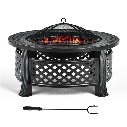 Outdoor Fire Pit with BBQ Grill and High-temp Resistance Finish - Black - Fire Pits