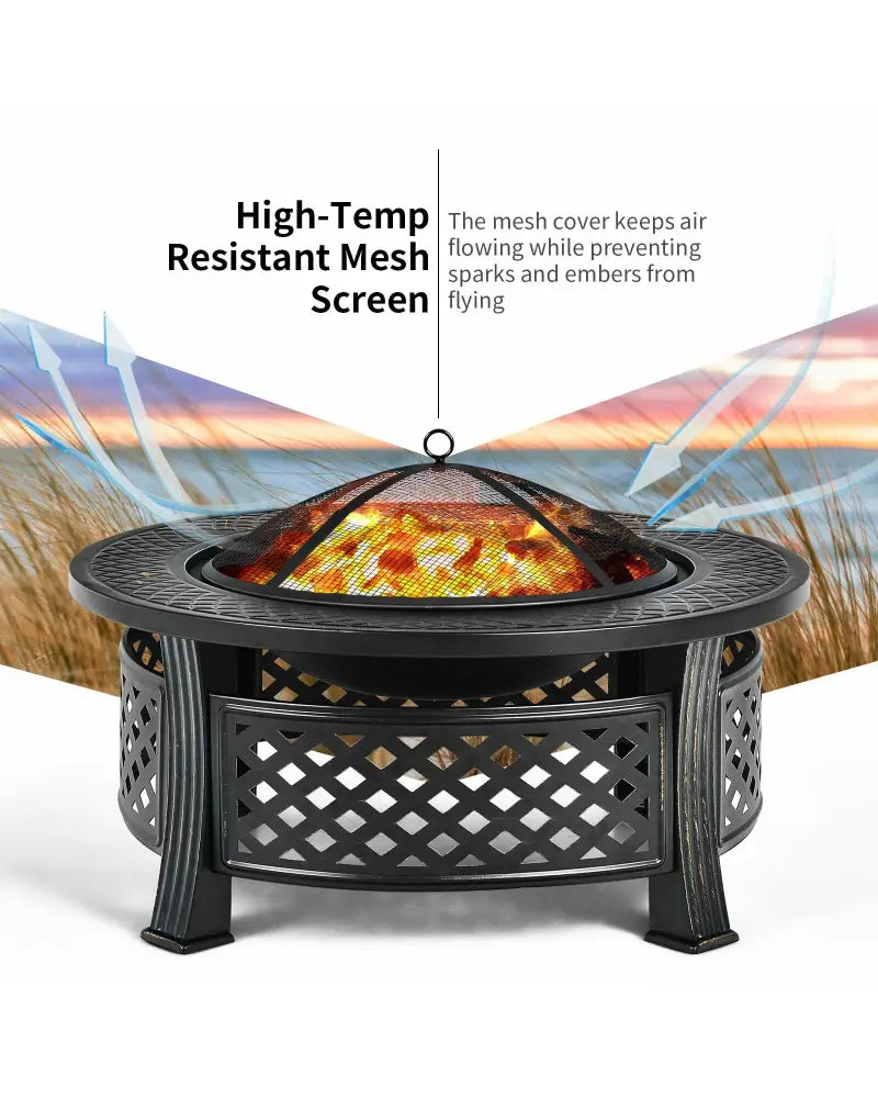 Outdoor Fire Pit with BBQ Grill and High-temp Resistance Finish - Black - Fire Pits